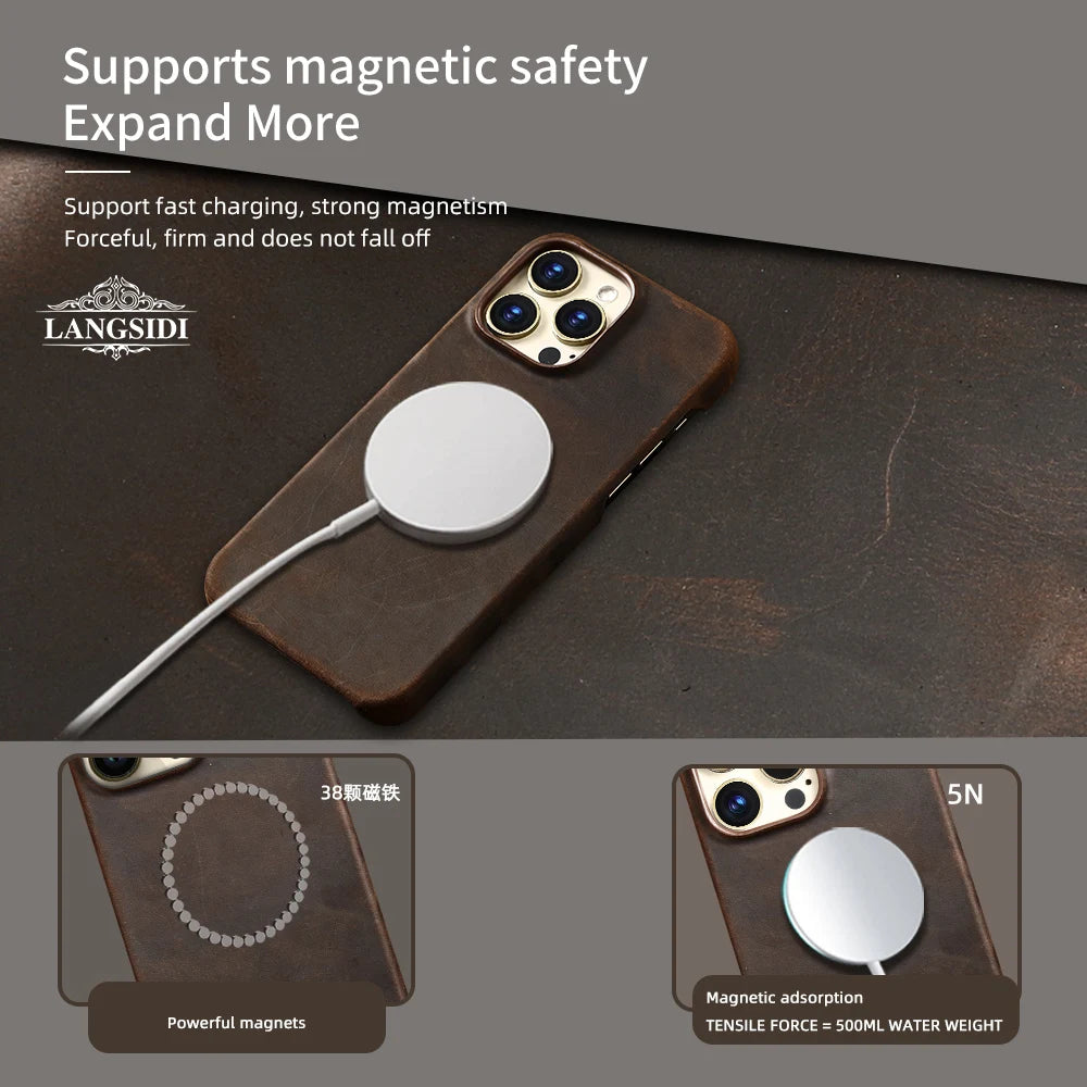 for Magsafe Case for iPhone 17 15 16 Pro Max Air Retro Luxury Full Grain Cowhide Genuine Oiled PULL-UP Leather Magnetic Cover