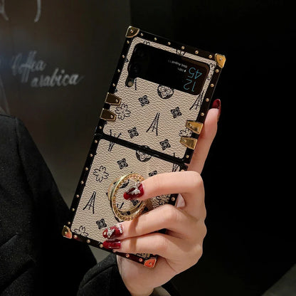 Retro PU Leather Flower Square Phone Cover For Samsung Galaxy Z Flip 6 5 4 Case Punk Shockproof For Galaxy Z Flip 3 Ring Holder