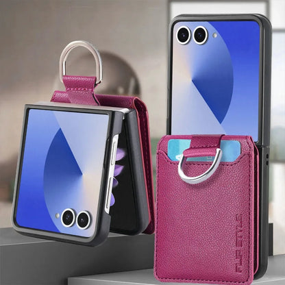 Samsung Galaxy Z Flip Wallet Phone Case - Lychee Pattern Leather with Ring Card Holder for Z Flip 7/6/5/4/3/2/1 Flip7/Flip6/Flip
