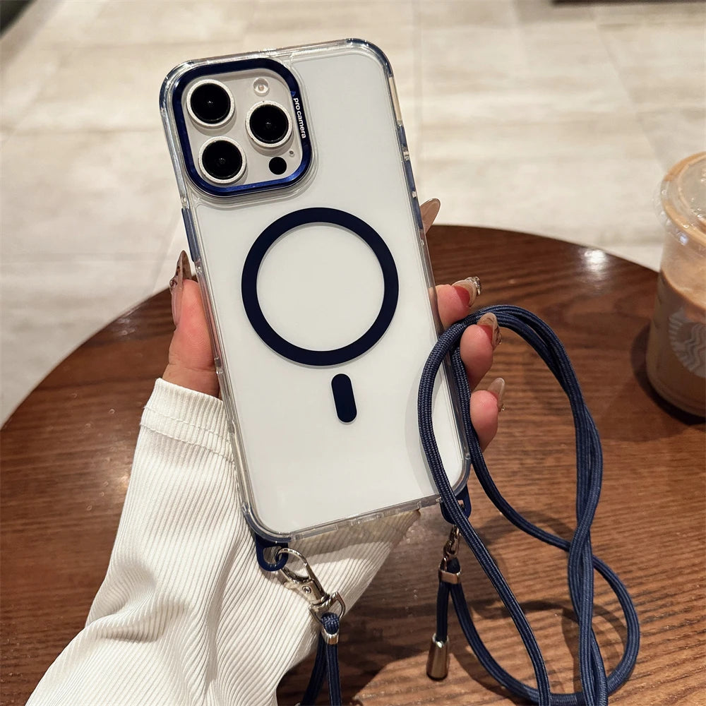 Crossbody Lanyard Necklace Transparent Magnetic For Magsafe Phone Case for iPhone 15 11 12 13 14 16 Pro Max Plus Anti-lost Cover