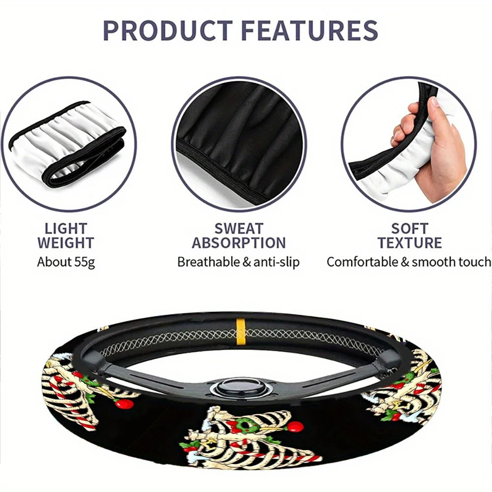 Christmas Skeleton Pattern Steering Wheel Cover Anti-Slip, Easy Installation, Fit for Cars SUV Removable Protective Accessory