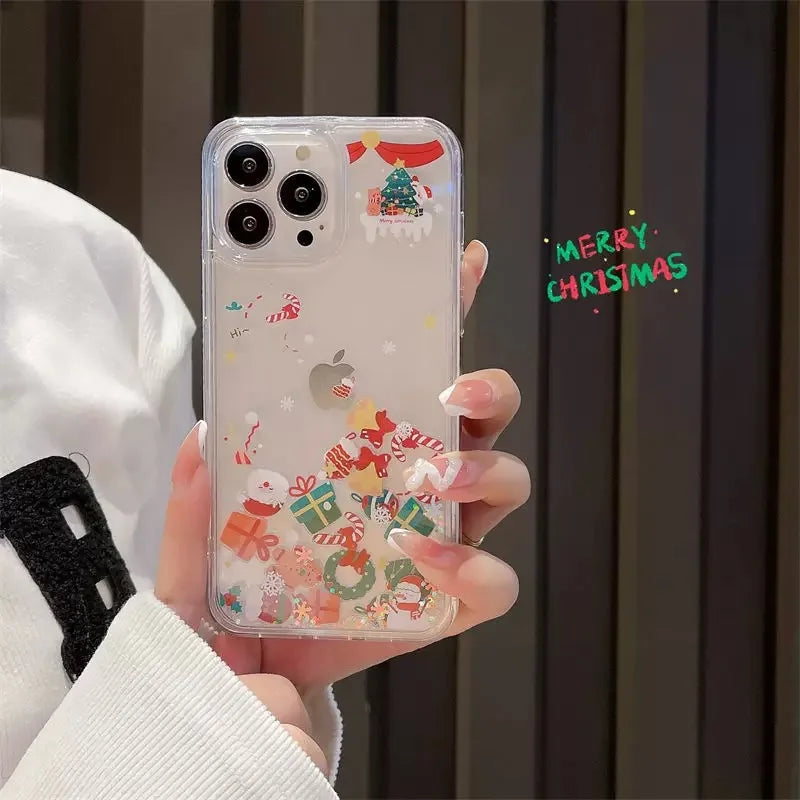 Cute Cartoon Santa Claus Snowman Shake Quicksand 3D Bling Glitter Phone Cover For iPhone 16 14 13 12 11 15Pro Max Christmas Case