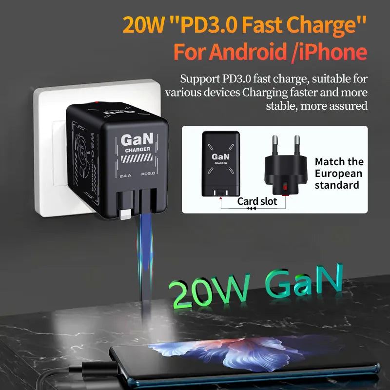 W&O GaN Fast Charging 20W Cable Type C and Lightning Liquid Silicone Cable for iPhone 14 15 Pro Max Xiaomi Realme Redmi ﻿