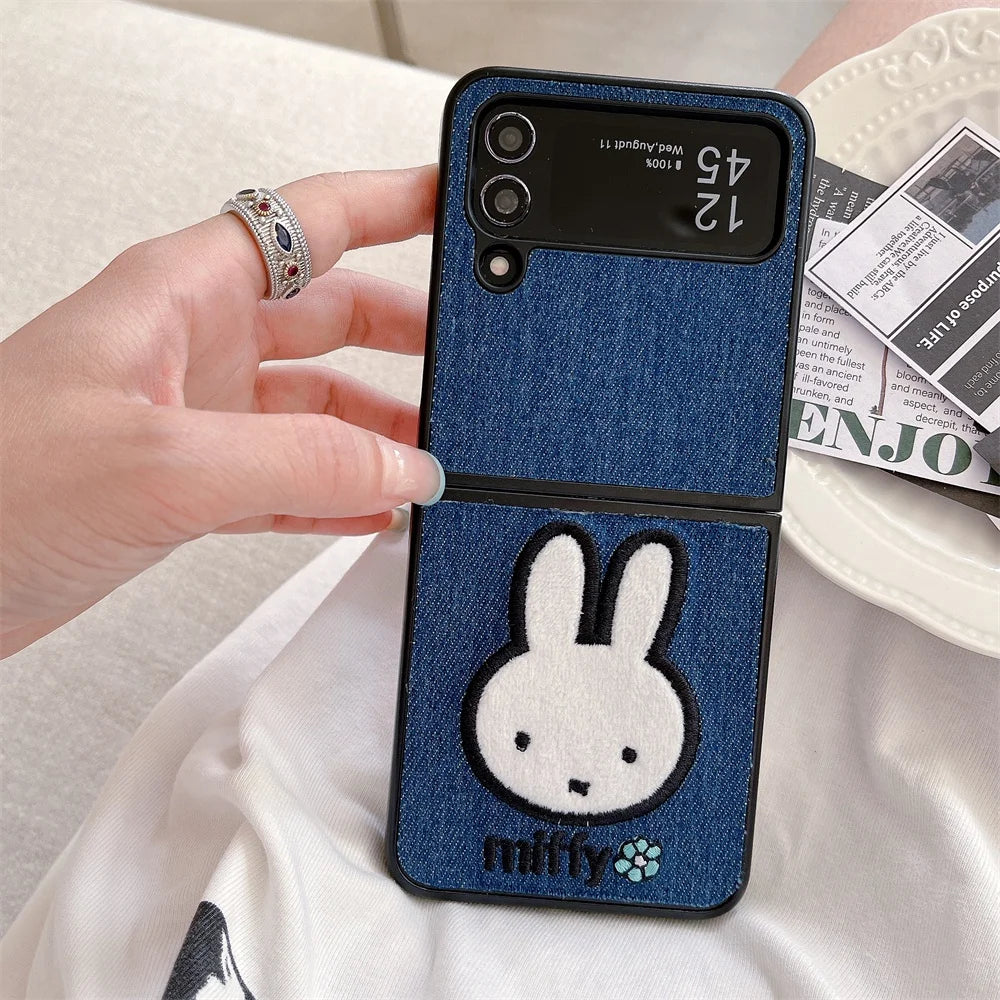 Embroidery Rabbit Bear Cloth Fabric Phone Case For Samsung Galaxy Z Fold & Z Flip 7 6 5 4 3 Hard Protection Shell