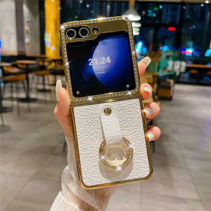 Leather Plating  Ring Phone Case For Samsung Galaxy Z Flip 7 6 Flip 5 Zflip 4 3 Bling Diamond Shockproof Cover Funda