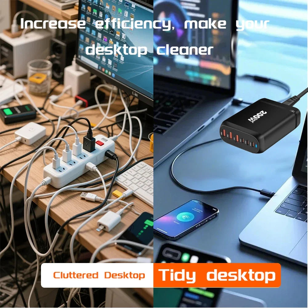200W GaN Charger USB C Charger Multi-Ports Charging Station For MacBook iPhone Samsung iPad Type C PD Charger Quick Charge 3.0