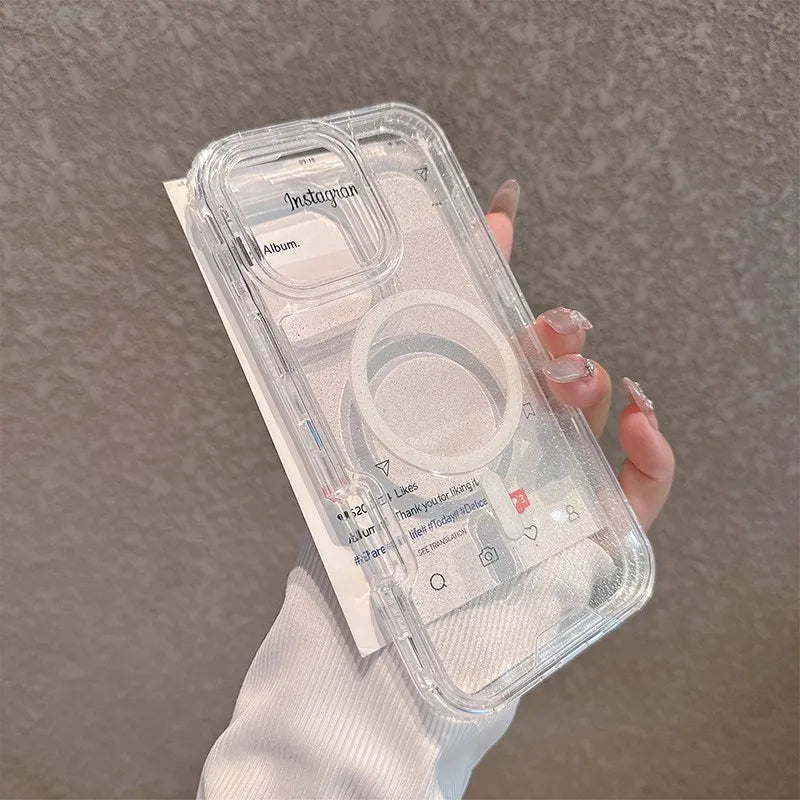 3 in 1 Glitter Neon Color Clear MagSafe Phone Case for iPhone 16 16pro max 15 Pro 14 13 12 Magnetic Wireless Charge Armor Cover