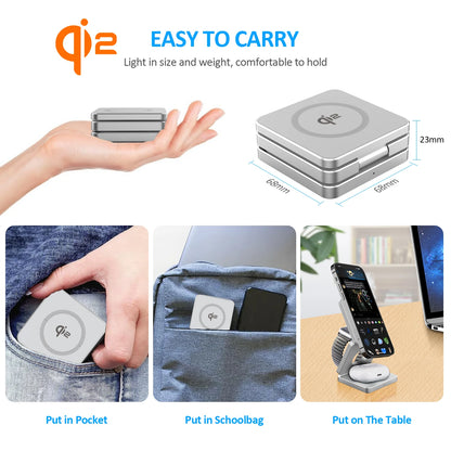 Qi2 3 in 1 15W Magnetic Wireless Charger for Iphone 16 15 14 13 Fast Charging Folding for Apple Watch Airpods Wireless Charger