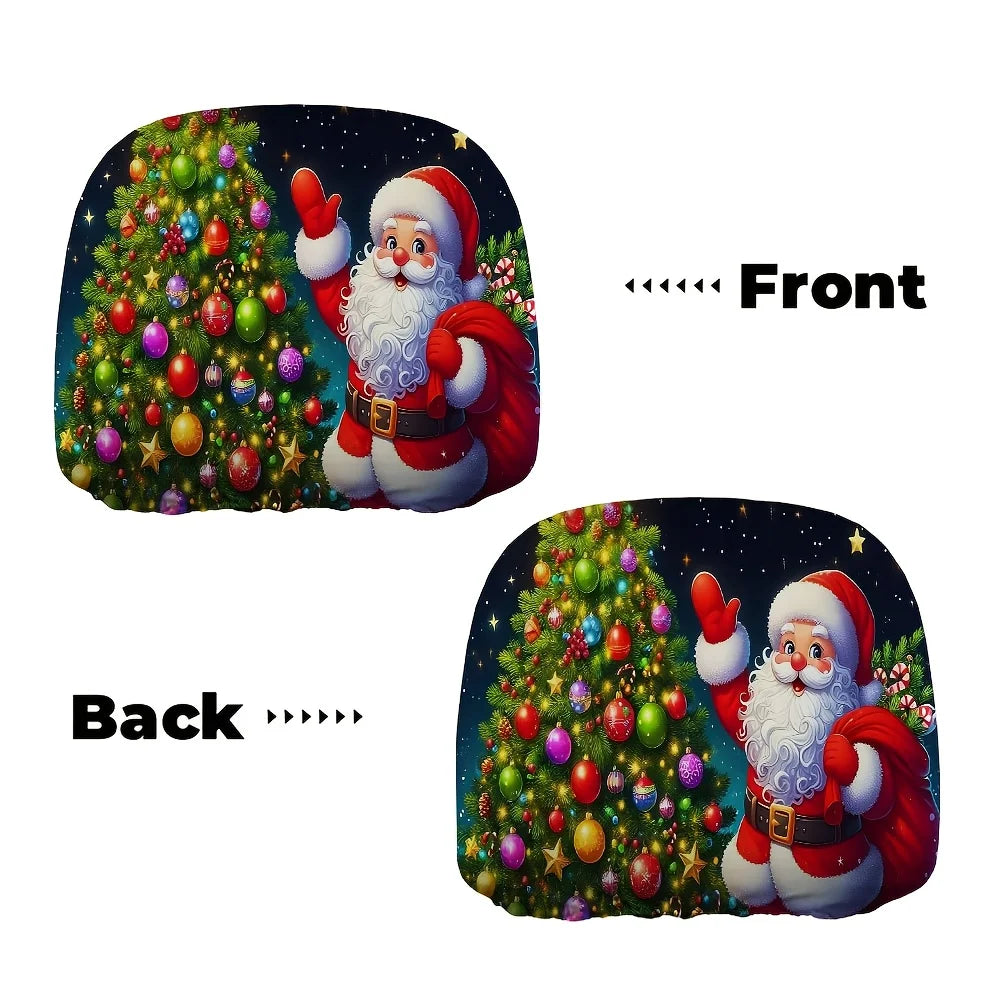 2 pieces of Christmas tree and Santa Claus patterned car headrest covers, holiday gifts, retractable and washable
