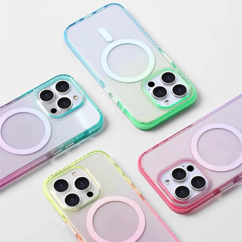 Luxury Color Gradients Transparent Magsafe Phone Case for IPhone 16 Pro 15 14 Pro Max Magnetic Wireless Charge Bumper Pc Cover