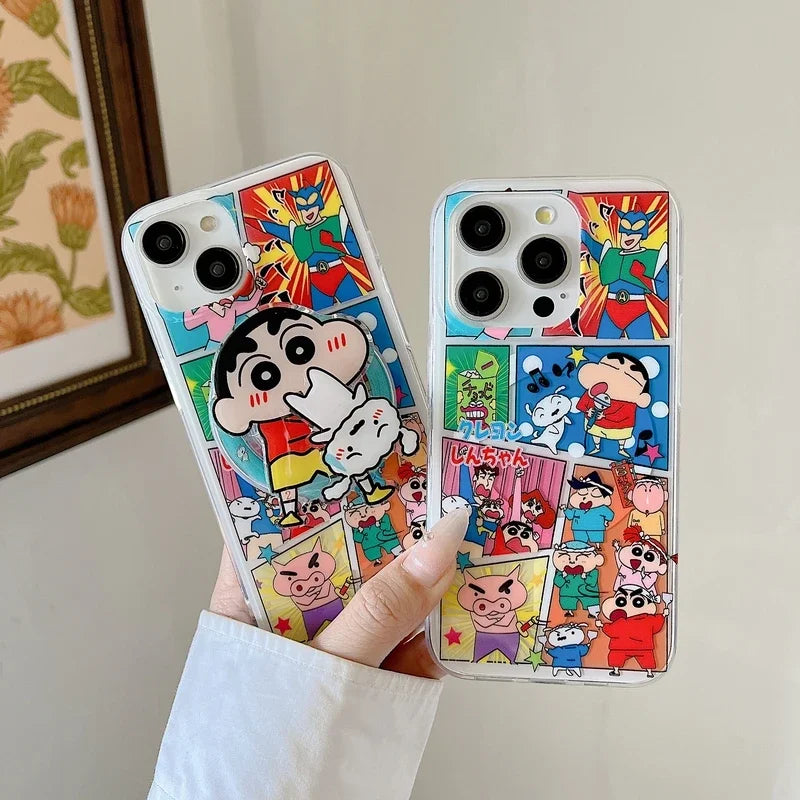 Cute Cartoon Crayon Shin-chan Magnetic Grip Holder Magsafe Wireless Charge Phone Case For iPhone 16 15 14 13 12 Pro Max Cover