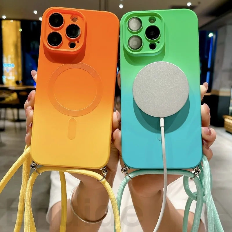 Crossbody Lanyard Case For Magsafe iPhone 16 14 13 12 Pro Max 11 15 Plus Magnetic Gradient Color Camera Protect Shockproof Cover