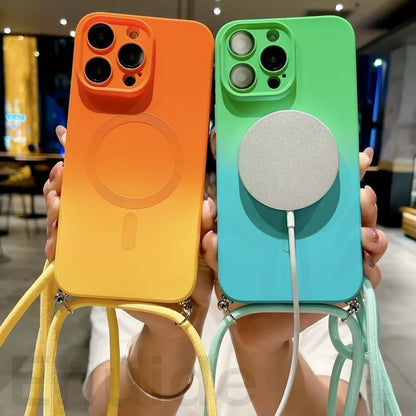 Crossbody Lanyard Case For Magsafe iPhone 16 14 13 12 Pro Max 11 15 Plus Magnetic Gradient Color Camera Protect Shockproof Cover