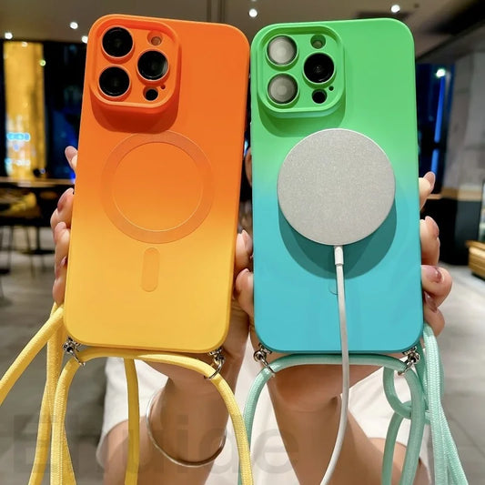 Crossbody Lanyard Case For Magsafe iPhone 16 14 13 12 Pro Max 11 15 Plus Magnetic Gradient Color Camera Protect Shockproof Cover