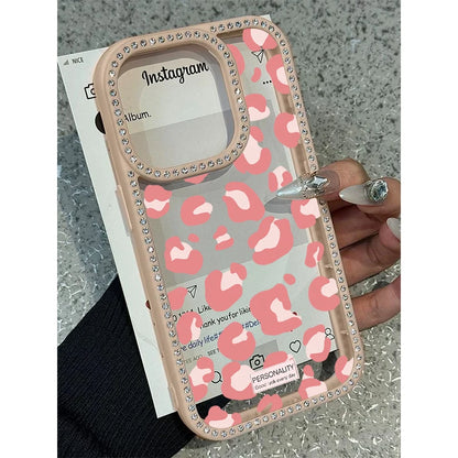 Pink Black Leopard Print Diamond Inlaid Frame Plain Case for iPhone 16 15 14 Plus 13 12 11 Pro Max Acrylic Silicone Hard Cover