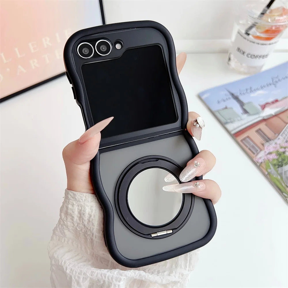 Matte Wave Magnetic Stand Phone Case For Samsung Z Flip 7 6 5 4 3 flip6 zflip6 flip5 Luxury Rotation Fold Bracket Frosted Cover