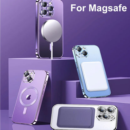 Magnetic Plating Case For iPhone 15 16 14 17 13 12 11 Pro Max Air Camera Lens Protector Glass For Magsafe Wireless Charger Cover