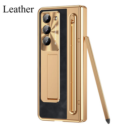 With Touch Pen For Samsung Galaxy Z Fold 7 6 5 4 3 TriFold Case Leather Plating Hinge 360 Full Screen Protector Folding Cover