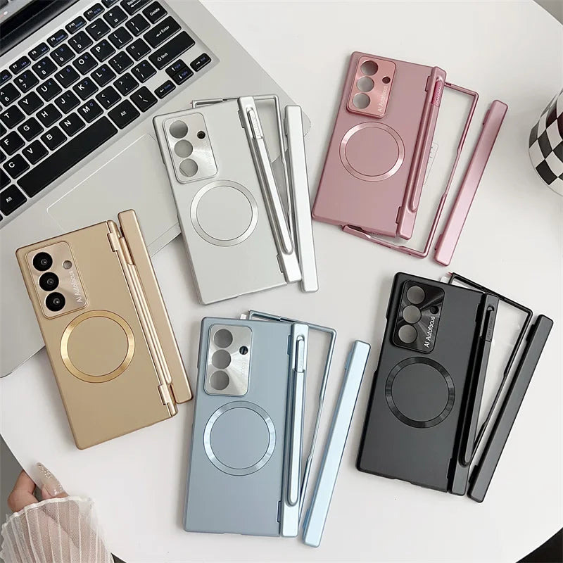 With Protector Glass For Samsung Galaxy Z Fold 7 6 5 4 3 TriFold Case Magnetic wireless charging Cover Shockproof Armor Film Pen