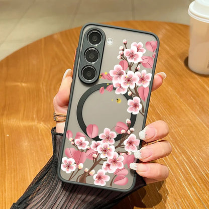 For Samsung Galaxy A14 A15 A55 A54 A56 A25 S25 Edge S24 S23 S22 Ultra Plus S21 S25 FE Flowers Case Magnetic Magsafe Matte Cover