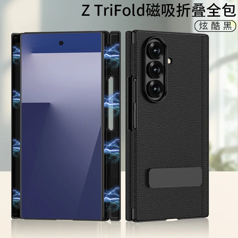 For Samsung Z Tri-Fold Phone Case TRIFOLD Dual Hinge Magnetic + Rotating Stand Z TRI-FOLD Leather Full Coverage Protection Cover