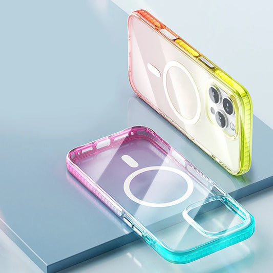 Luxury Color Gradients Transparent Magsafe Phone Case for IPhone 16 Pro 15 14 Pro Max Magnetic Wireless Charge Bumper Pc Cover
