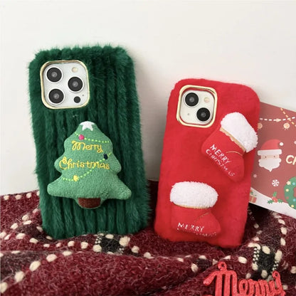 New Year Merry Christmas Tree Plush Boots Phone Case for Galaxy S25 S24 S23 S22 S21 S20 Plus FE Autumn and winter plush
