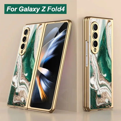Luxury Plating Frame Case For Samsung Galaxy Z Fold 4 5G Painted Pattern Tempered Glass Hard Cover For Galaxy Z Fold5 4 3 Case