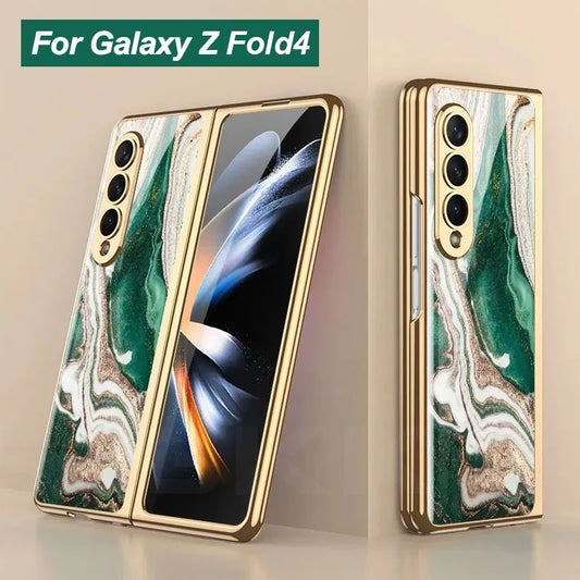 Luxury Plating Frame Case For Samsung Galaxy Z Fold 4 5G Painted Pattern Tempered Glass Hard Cover For Galaxy Z Fold5 4 3 Case