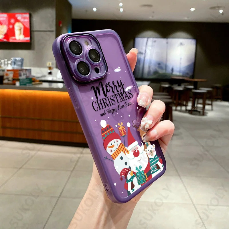 Christmas Case For iPhone 15 14 Pro Max 12 13 Pro Max 11 16 Luxury Lens Protector Shockproof Soft Cover Santa Claus Elk Snowman