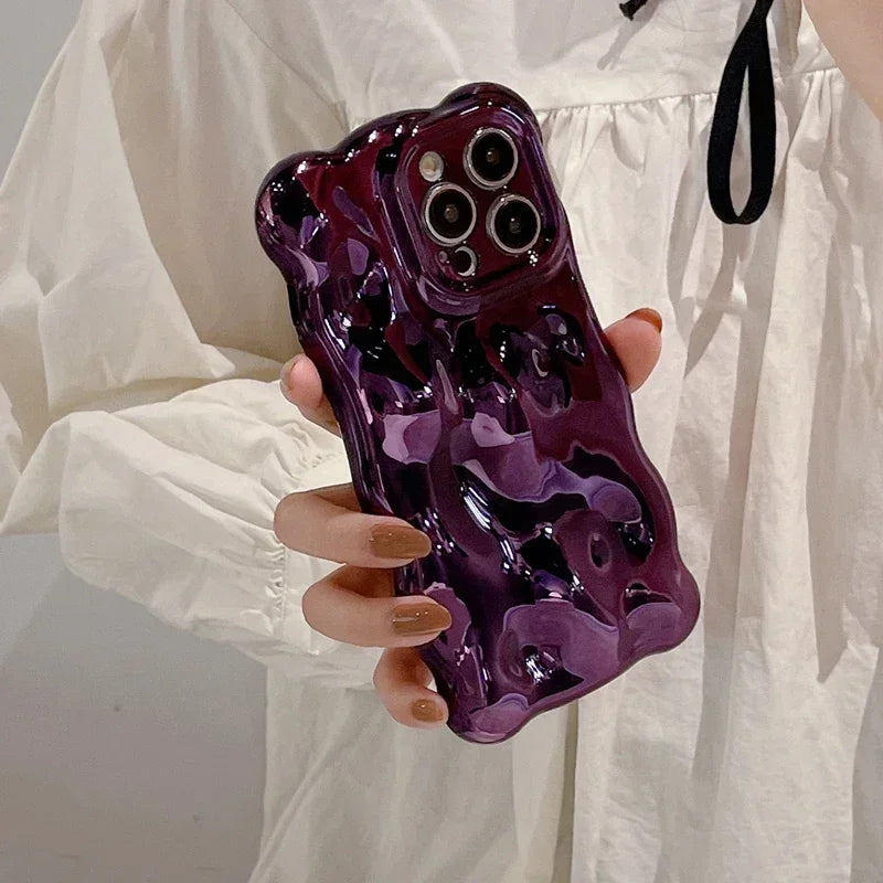 Luxury Plating Wrinkle Wavy Curly Edge Phone Case For iPhone 16 15 12 13 14 Pro Max 3D Unevenness Soft Camera Protection Cover