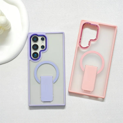 Luxury Fold For Magsafe Magnetic Stand Phone Case For Samsung S25 Edge Plus S23 S24 Ultra Plating Lens Frame Matte Frosted Cover