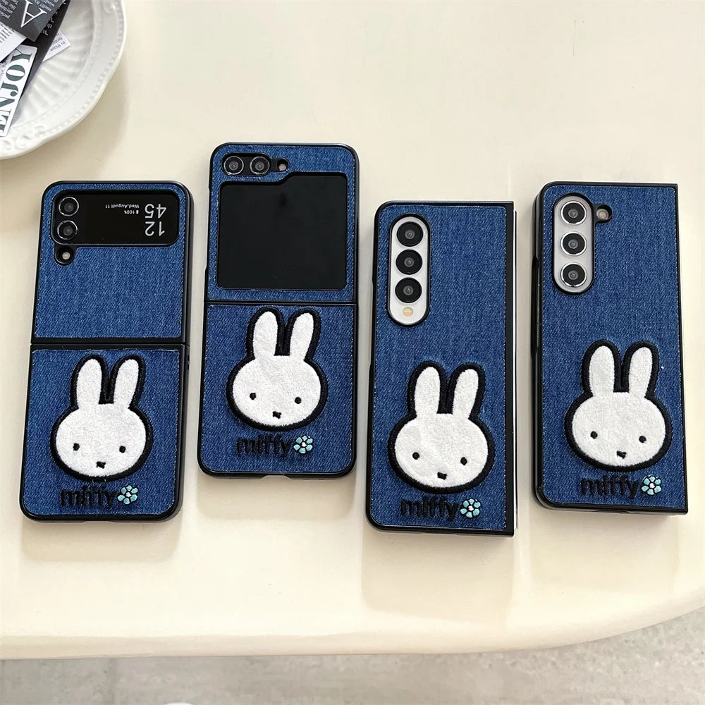 Embroidery Rabbit Bear Cloth Fabric Phone Case For Samsung Galaxy Z Fold & Z Flip 7 6 5 4 3 Hard Protection Shell