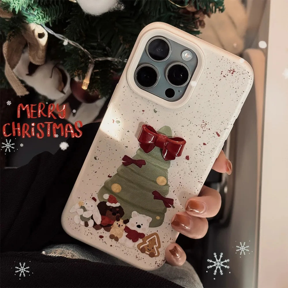 ins Korean 3D Bow Christmas Tree Phone Case For iPhone 16 Pro 15 14 13 12 11 Soft Shockproof Protective Cover For iPhone 15 Pro