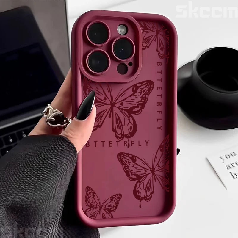 Pink Cute Butterfly Silicone Soft Phone Case For iPhone 16 16E 15 14 13 12 11 Pro Max XS XR X 7 8 Plus Shockproof Candy Cover