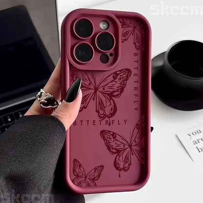 Pink Cute Butterfly Silicone Soft Phone Case For iPhone 16 16E 15 14 13 12 11 Pro Max XS XR X 7 8 Plus Shockproof Candy Cover
