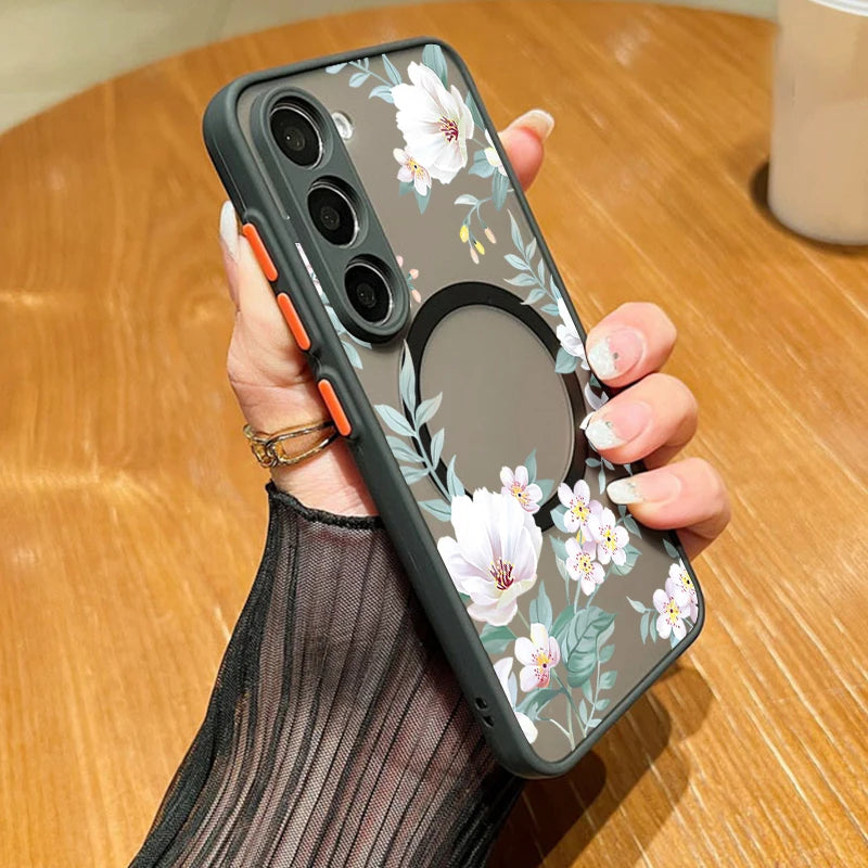 For Samsung Galaxy A14 A15 A55 A54 A56 A25 S25 Edge S24 S23 S22 Ultra Plus S21 S25 FE Flowers Case Magnetic Magsafe Matte Cover