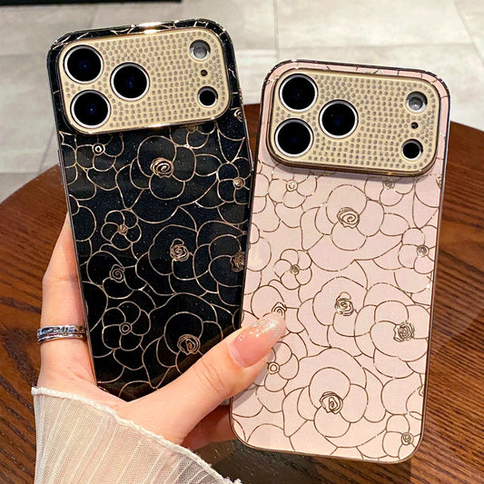 Luxury Plating Diamond Cover Glitter Gold Line Rose Flower Phone Case for iphone 17 PRO MAX 17 AIR 16 PRO MAX 16E 13 14 15 Plus