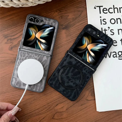 Leopard Print PU Leather Phone Case for Samsung Galaxy Z Flip 7 6 Z Flip 5 4 3 Z Fold 6 5 4 Magnetic Wireless Charging Case