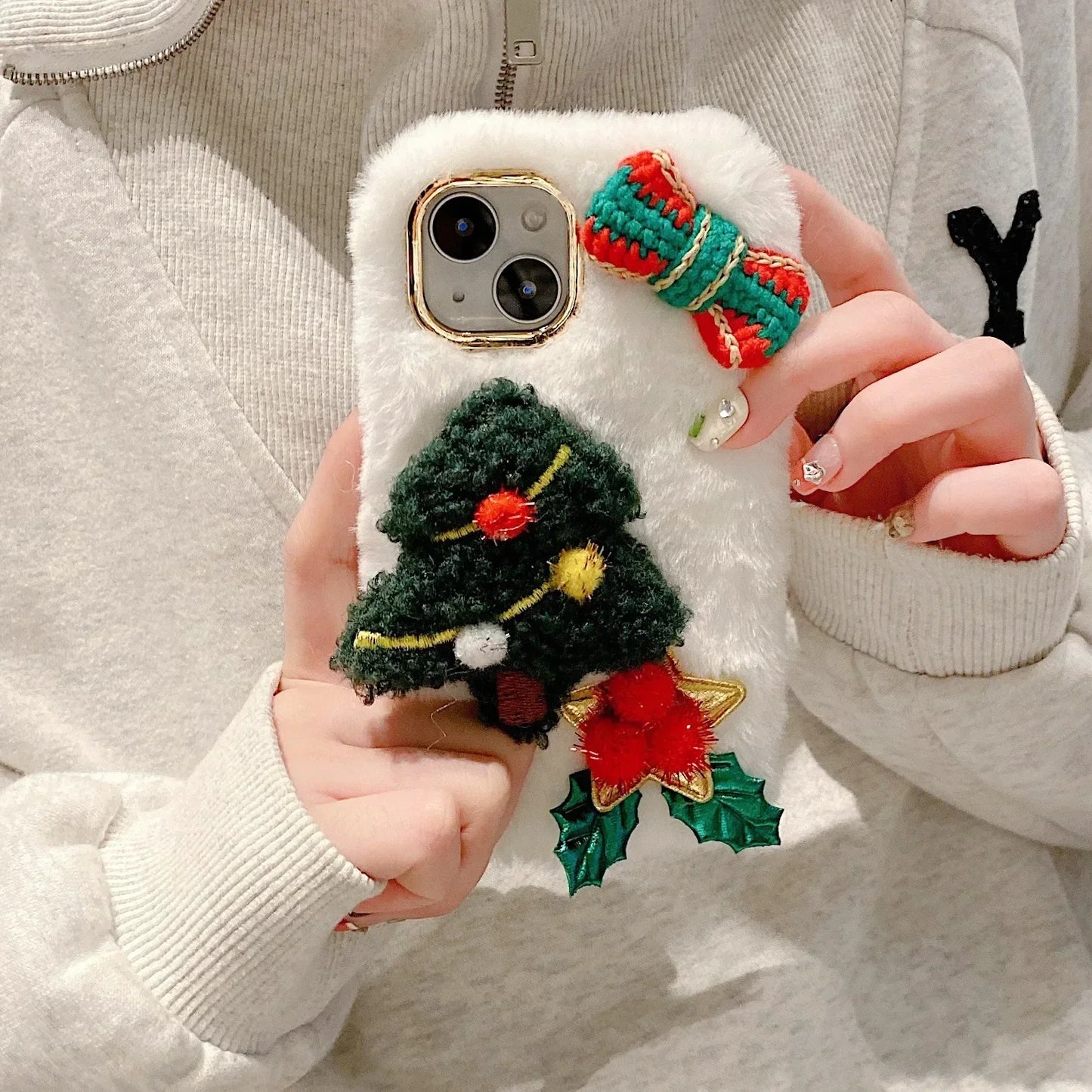 Plush Christmas Snowman Phone Cases Cute  IPhone 16 12 13 14 15Pro XR X Xs Max Mini 7 8 Case 3D Furry Bunny Fur Back Cover Funda