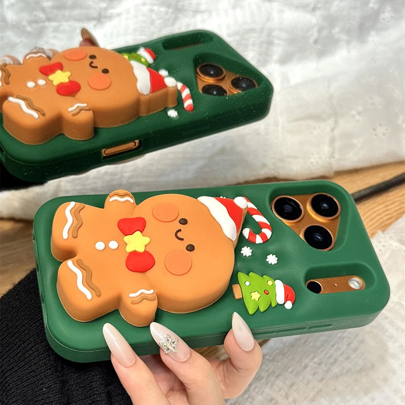 Cartoon Cute Christmas Gingerbread Man Bracket Silicone Phone Case For iPhone 17 Pro Max Air 16 15 14 13 Holder Stand Back Cover