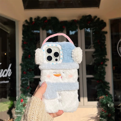 Winter Plush Snowman Christmas Case For iPhone 16 15 14 12 13 Pro Max 11 Plush Warm Cartoon Soft Shockproof Cover for iPhone16