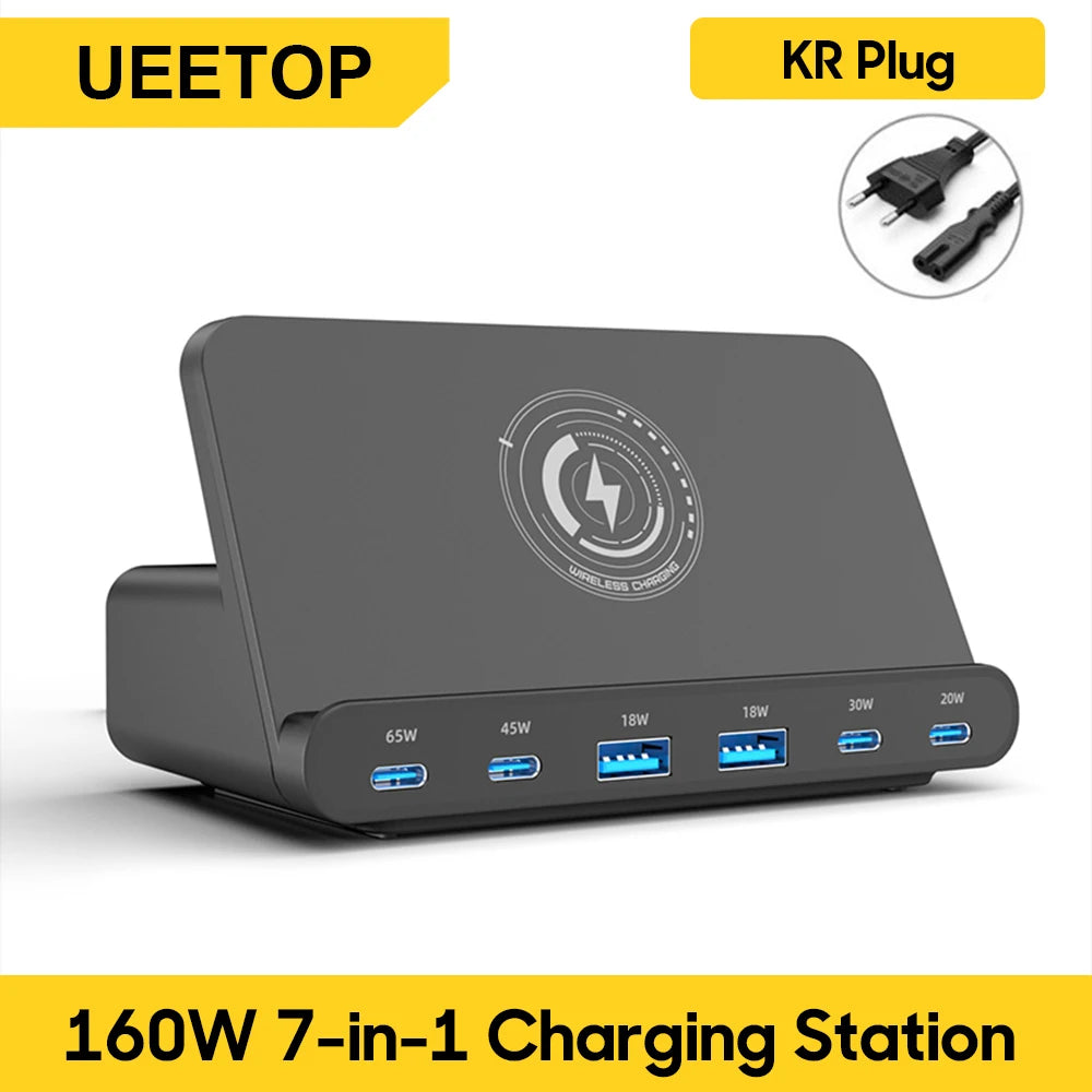 Ueetop 160W USB Charging Station Wireless Charging 65W PD PPS 45W GaN Charger Quick Charger For Laptop Tablet iPhone 15 Samsung