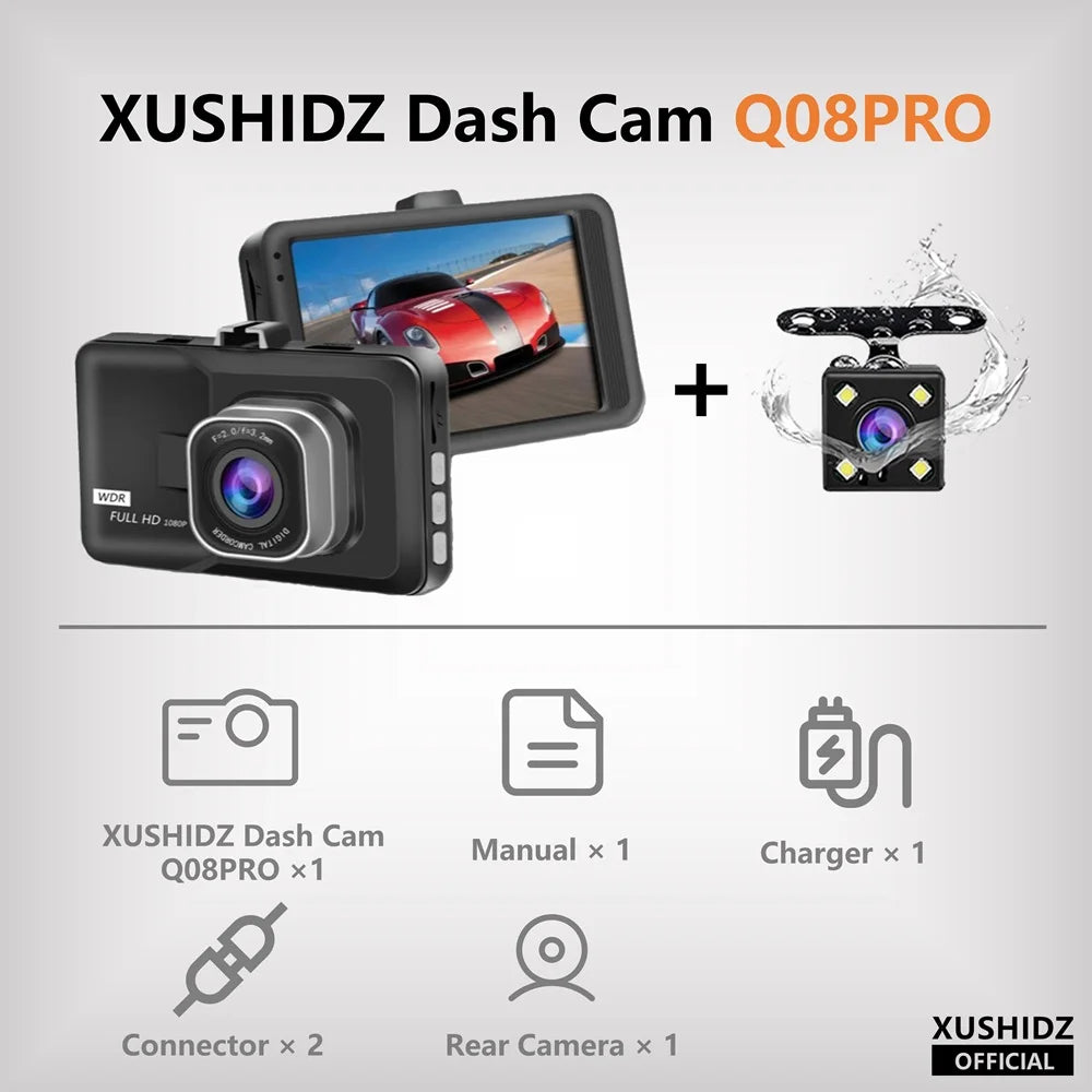 XUSHIDZ NEW 1080P HD Dash Camera Loop Recording Car Vehicle DVR Video Recorder Dashcam Night Vision 24h Parking Monitor G-sensor
