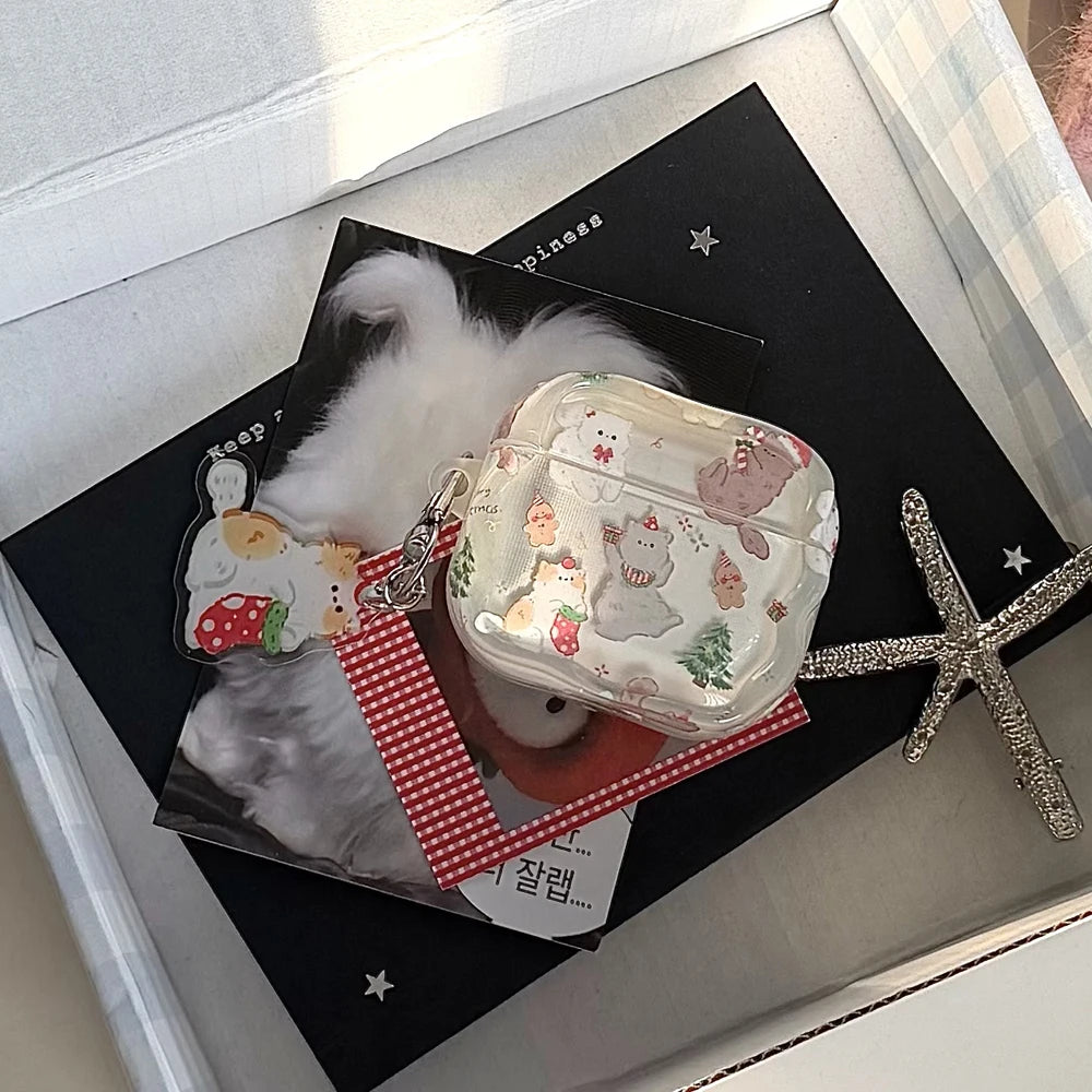 Christmas Earphone Case for Apple Airpods Pro3 Cute Cat Wavy Shell for Airpods 4 2 3 Pro Pro2 Pendant Wireless Bluetooth Headset