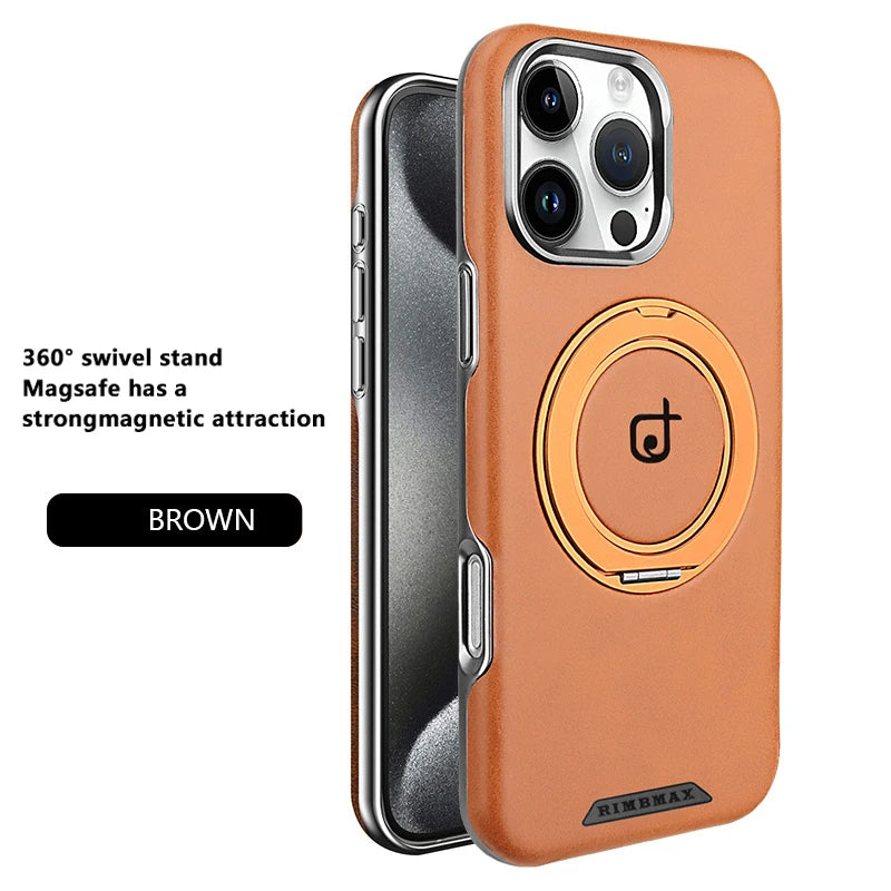 For Magsafe Magnetic 360°Rotating Car Bracket Ring Leather Phone Case For iPhone 16 Pro Max 14 11 12 13 15 Pro Max Bumper Cover
