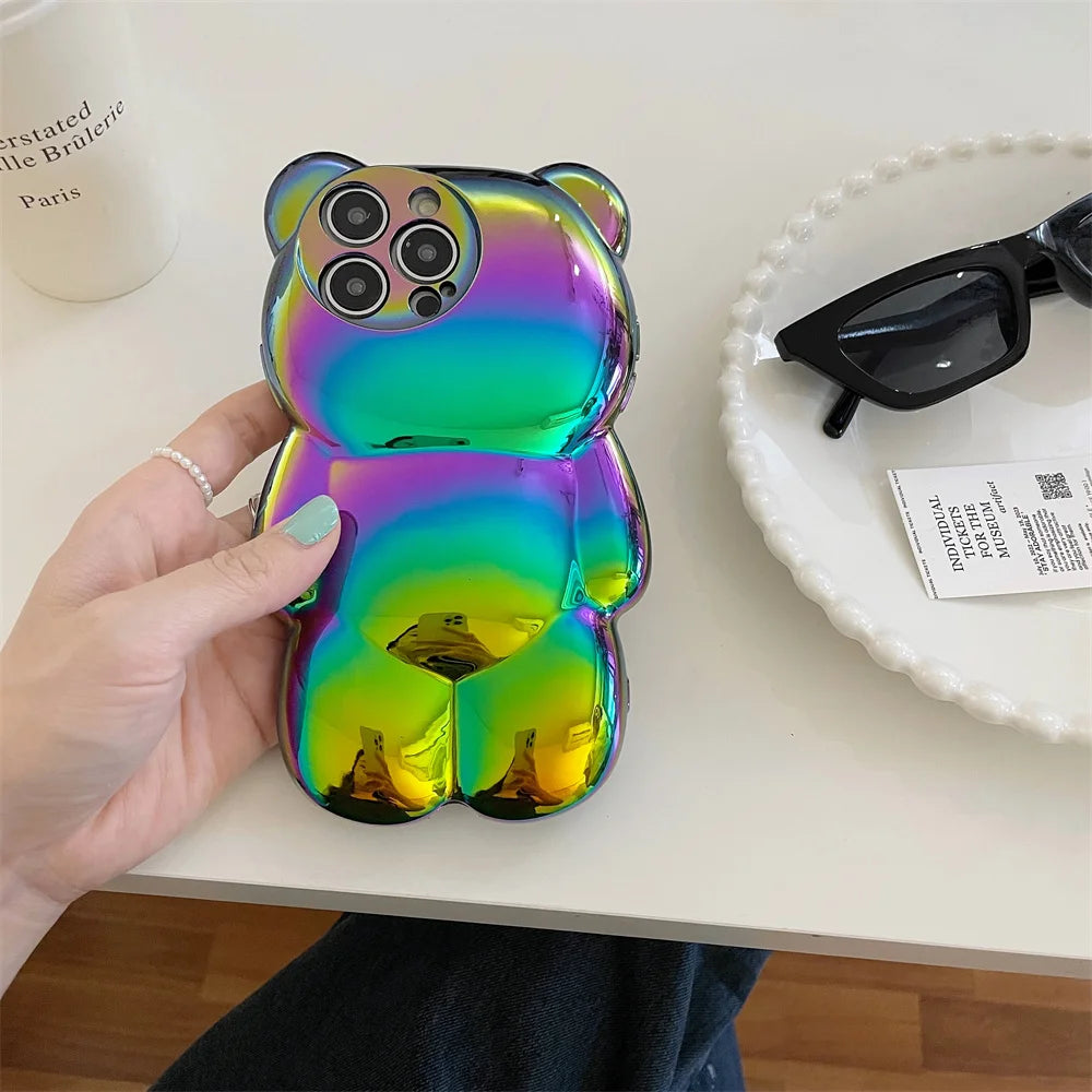 Ins Cute 3D Aurora Cartoon Bear Case For iPhone 11 13 12 14 15 16 Pro Max 16 Plus Colorful Laser Rainbow Gradient Soft Cover