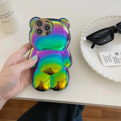 Ins Cute 3D Aurora Cartoon Bear Case For iPhone 11 13 12 14 15 16 Pro Max 16 Plus Colorful Laser Rainbow Gradient Soft Cover