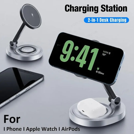 2 in 1 Folable Magnetic Wireless Charger Phone Holder Stand For Magsafe iPhone 17 16 15 14 13 12 Airpods 4/3 Pro 2 Fast Charging