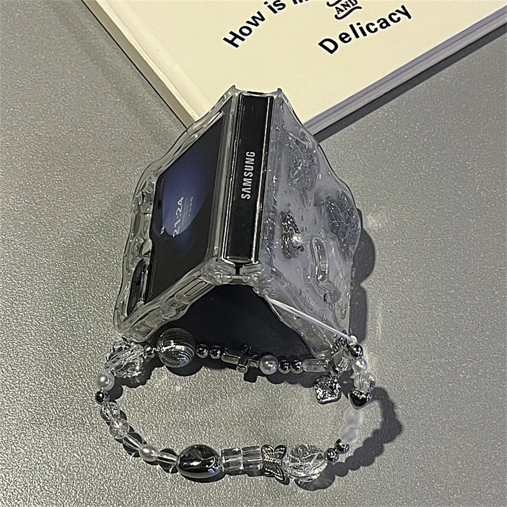 Korean 3D Glitter Star Clear Phone Case For Samsung Galaxy Flip 7/6 Flip5 Flip4 Flip3 Epoxy Cover Wavy Border Protective Cover